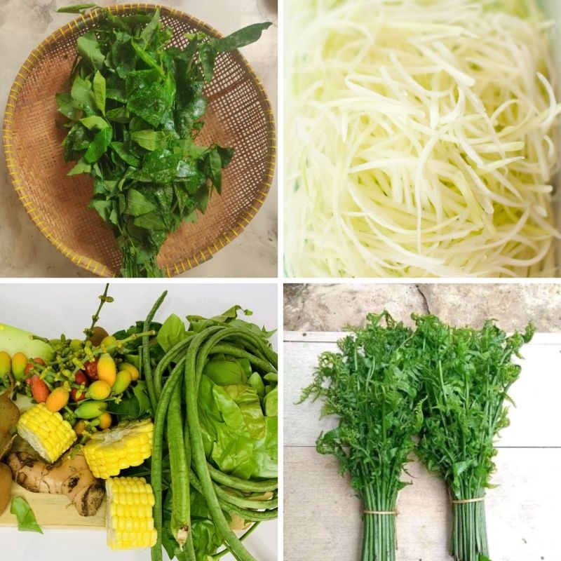 

Daun katuk, daun kelor, pakis, bayam, kangkung, daun ubi, serai, kemangi, selada air, genjer, bunga bawang, kucai, bawang batak, daun kari, baby kalian, sayur asem, packoy, sawi, kecipir, kecombrang, melinjo, batang talas, daun pandan, pepaya serut