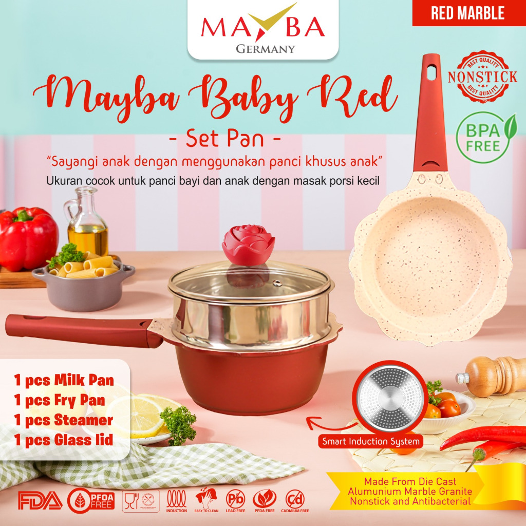 PANCI SET MAYBA BABY PAN Merah 4 pcs Perlengkapan bayi | Red fry pan | Milk Pan | Steamer Lid