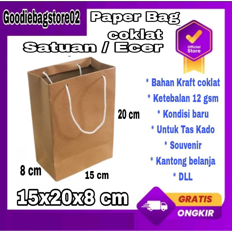 

Grosir/Ecer Paper Bag Polos Coklat Ukuran 15x20x8 cm