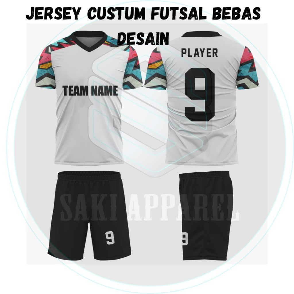 JERSEY CUSTOM FUTSAL PUTIH HITAM DESAIN BEBAS