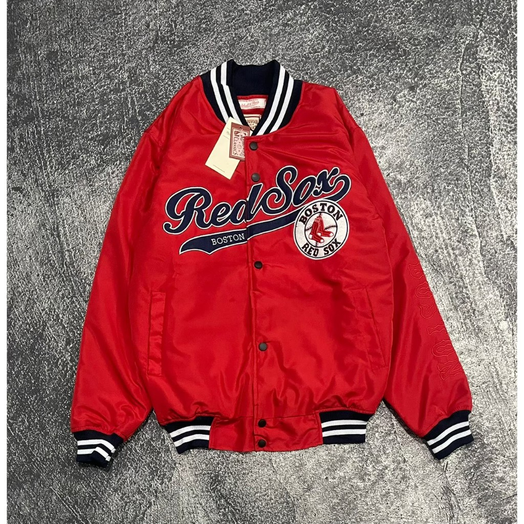 Jaket Varsity Pria Jaket Baseball Redsox Merah Unisex Terlaris