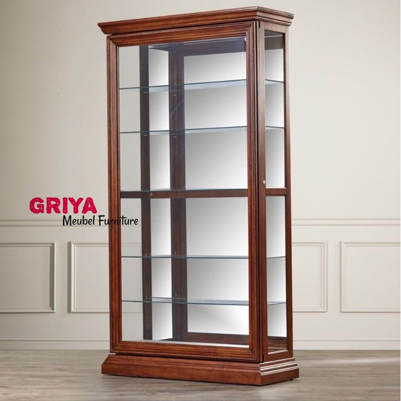 lemari kaca minimalis kayu jati