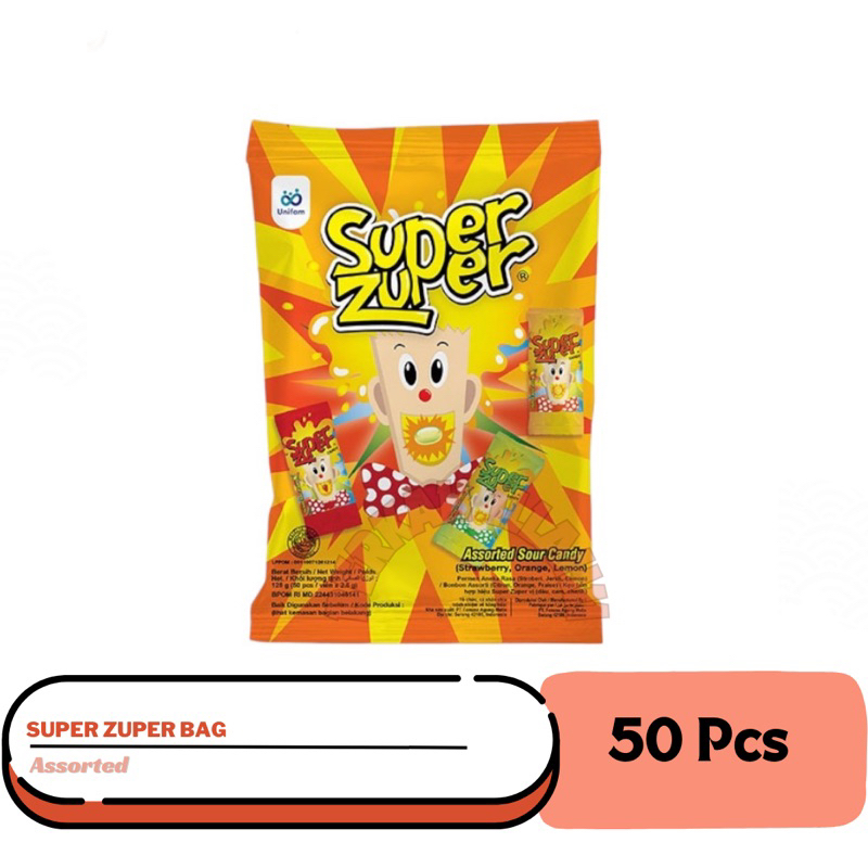 

Super Zuper Candy Bag 50pcs - Assorted Sour Candy - Permen Asam Rasa Stroberi, Lemon & Jeruk