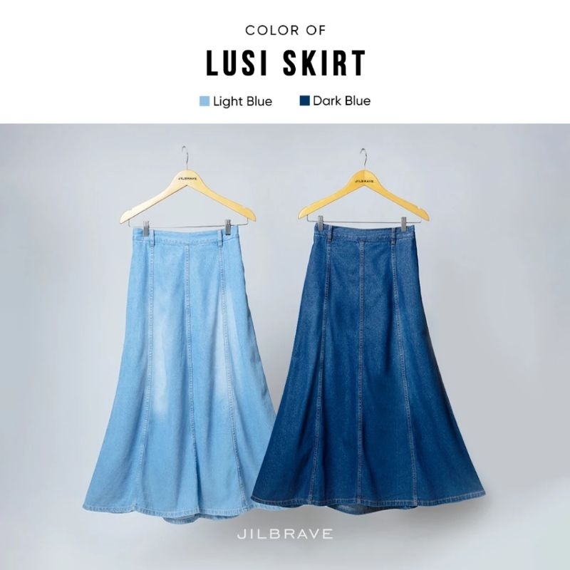 [L—Light Blue] JILBRAVE Lusi Skirt Rok Panjang Denim Jeans Wanita A-Line Premium