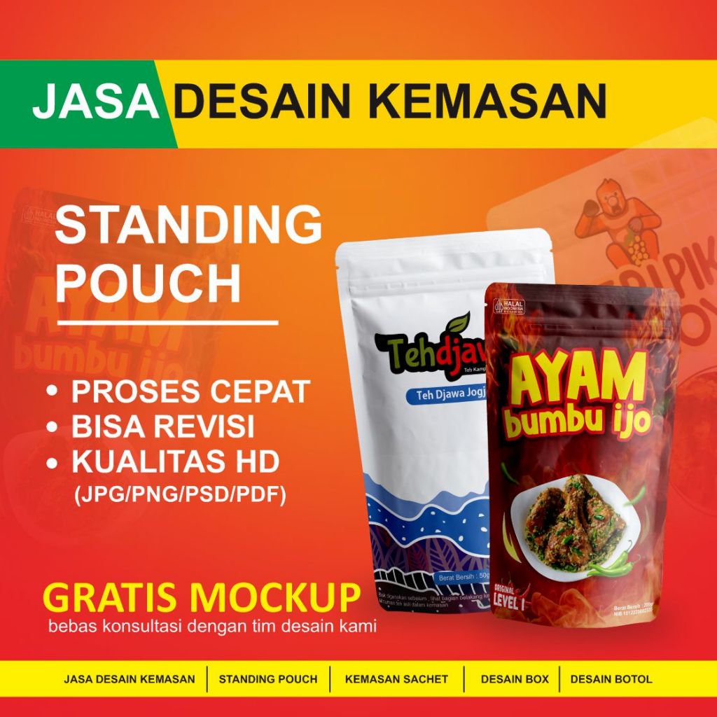 DESAIN KEMASAN MAKANAN STANDING POUCH CUSTOM DESIGN PRODUCT PRODUK SACHET DUS SNACK BOX