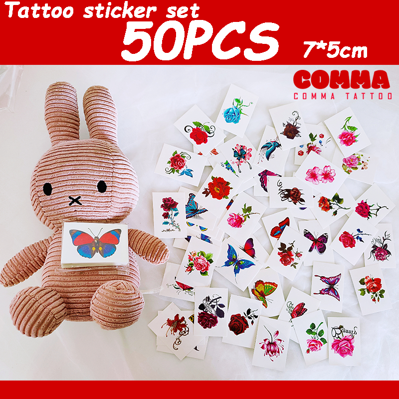50Buah/Set 3D Temporery Tato Sementara Kupu kupu berwarna   Stiker tato mawar Tatto