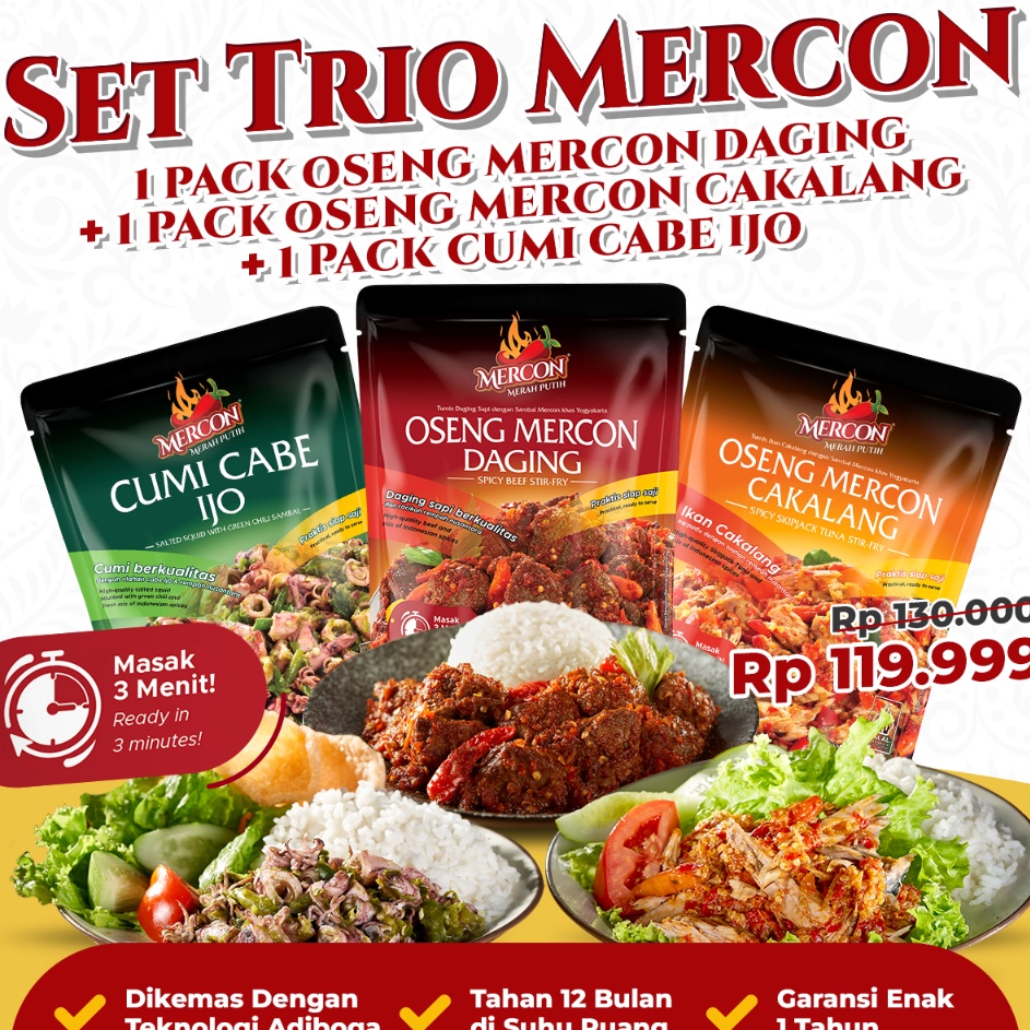 

NYKG9827 Terlaris Mercon Merah Putih Set Trio Mercon Oseng Mercon Daging Cumi Cakalang