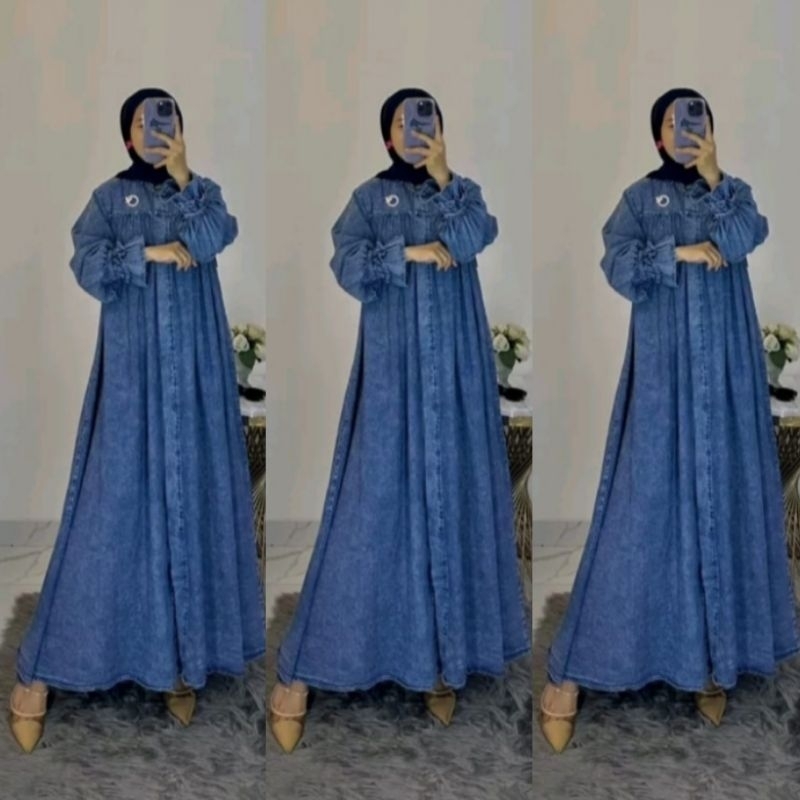 TERBARU - COD - Apesia Gamis Dress JUMBO LD 130 // MIDI Dress Jeans Kekinian