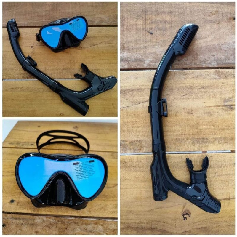 Alat Snorkeling Set Kacamata Mask Blue Mirror Tinted Snorkling Selang Pipa Corong Snorkel Full Dry D