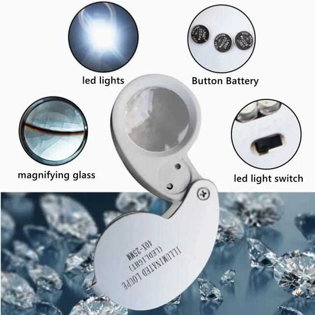 

Kaca pembesar 40x25mm dengan lampu LED / Kaca Pembesar Geologi LED