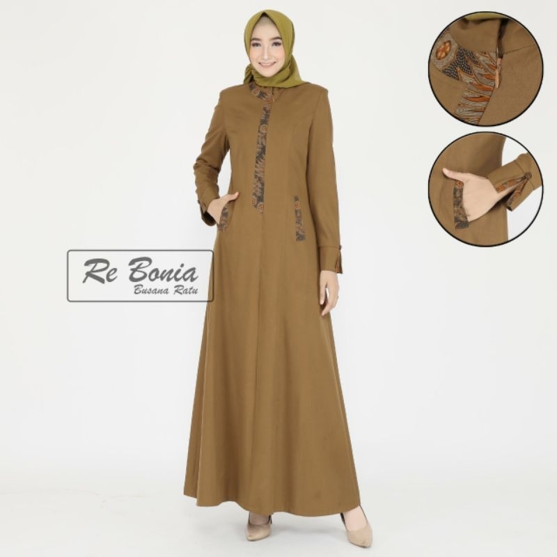 gamis guru wanita RE BONIA/gamis pns/gamis pdh kheki tua/gamis lis batik kheki tua/gamis coklat wani