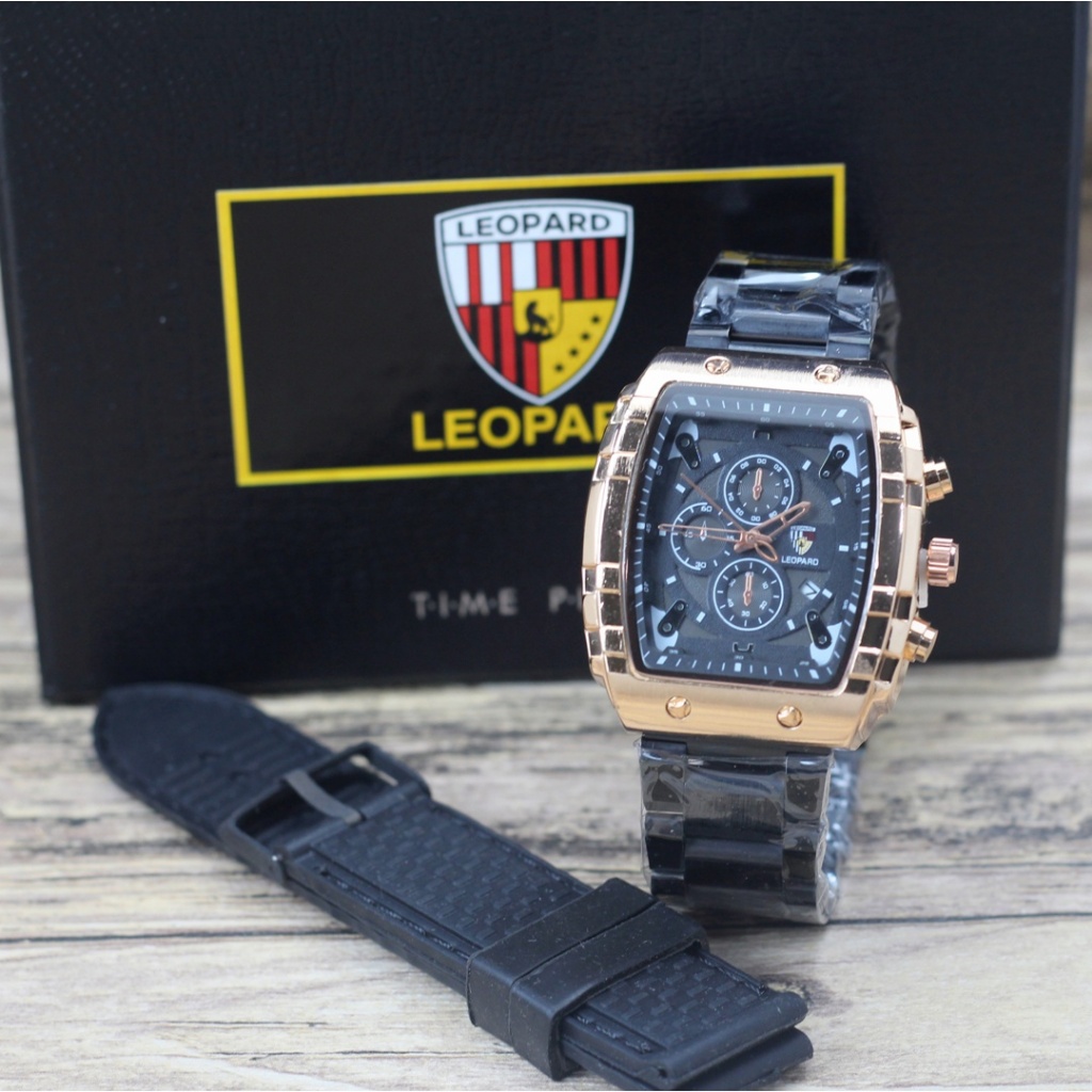 Jam tangan Pria Leopard 8018 tali rantai free rubber analog tanggal aktif chronograp off original