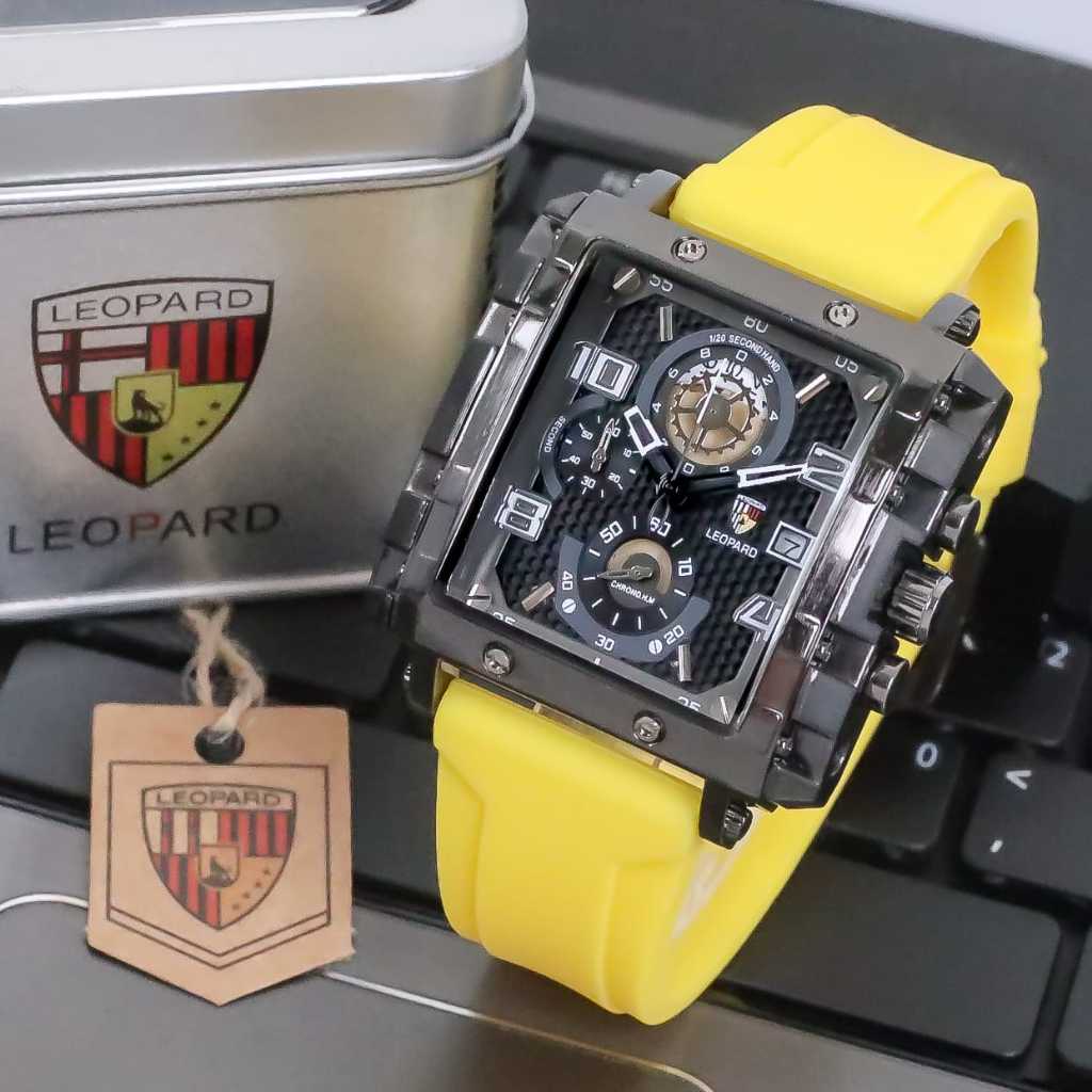 Jam Tangan Pria Leopard-8826 Original Tali Rubber Body Segi Chrono&Tanggal Aktif Box Exclusive