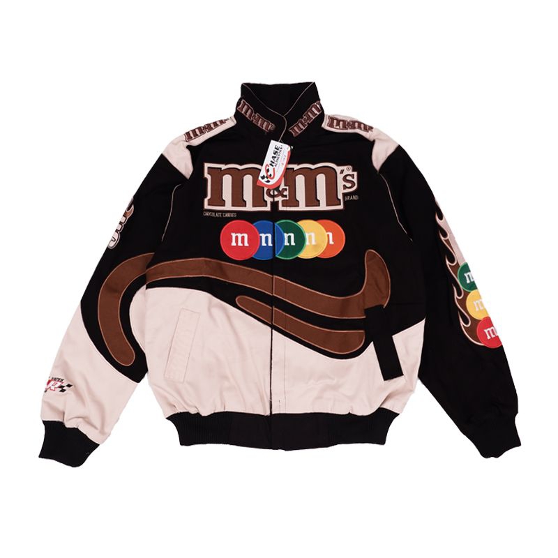 JAKET VARSITY NASCAR M&M COKLAT JAKET NASCAR VINTAGE FULL BORDIR VARSITY M&M PREMIUM