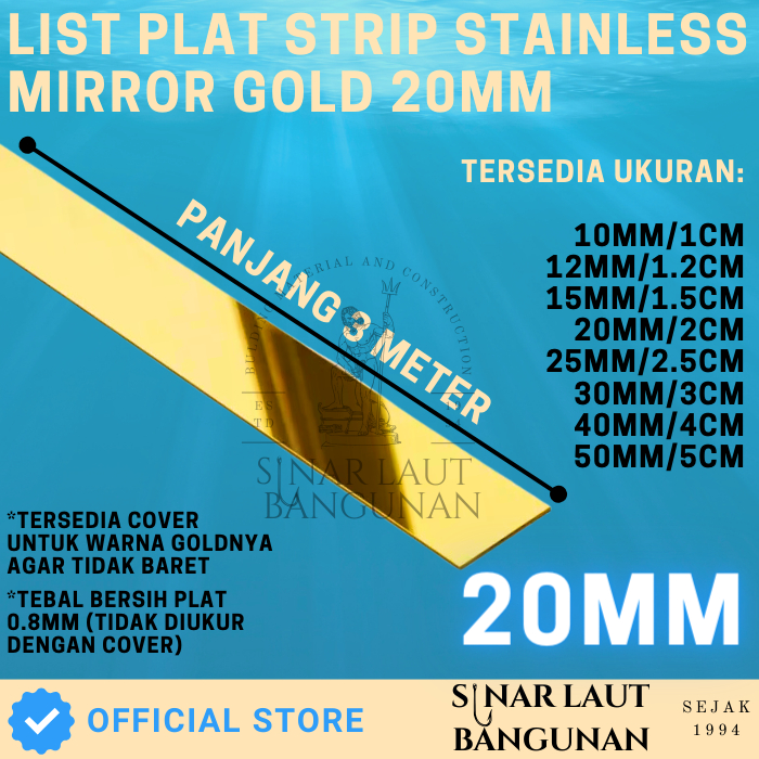 LIST PLAT STRIP MIRROR GOLD STAINLESS STEEL 201 20MM