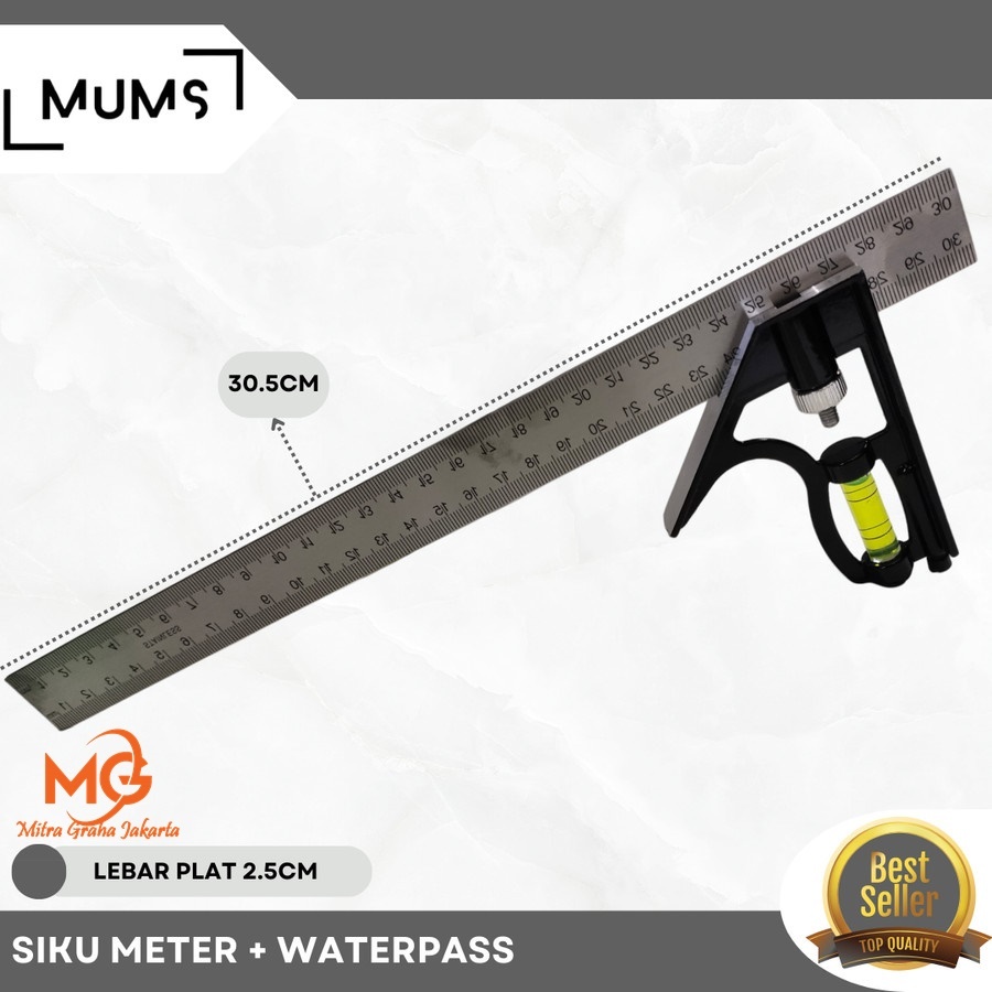 

Siku Meter Tukang 30cm Penggaris Besi Sudut L + Waterpass MGj