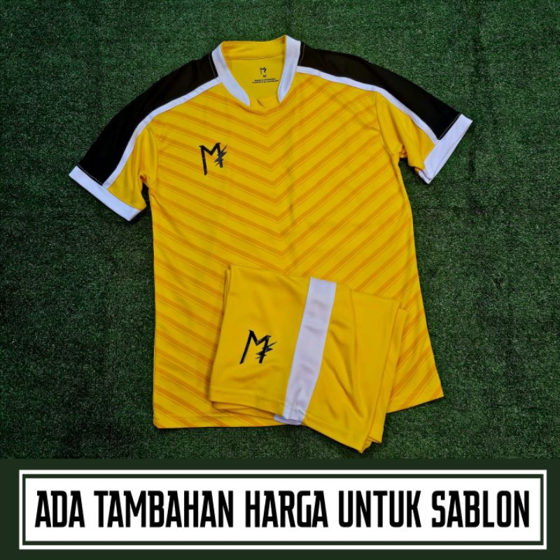MUZAKAR Baju Futsal Setelan Stelan Jersey Bola Kuning List Putih, Bisa Sablon