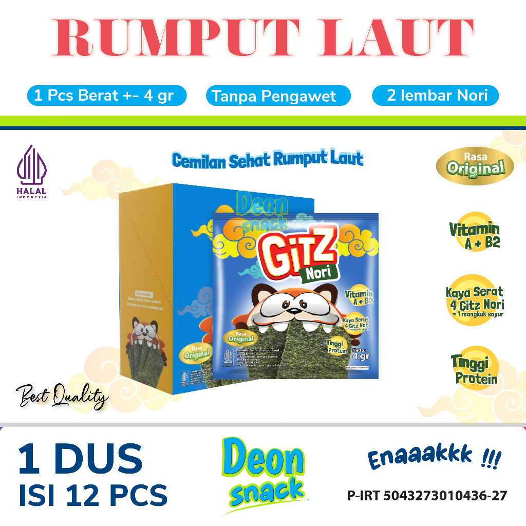 

Nori Snack - Rumput Laut 1 Dus isi 12 sachet (1 sachet isi 2 Nori)