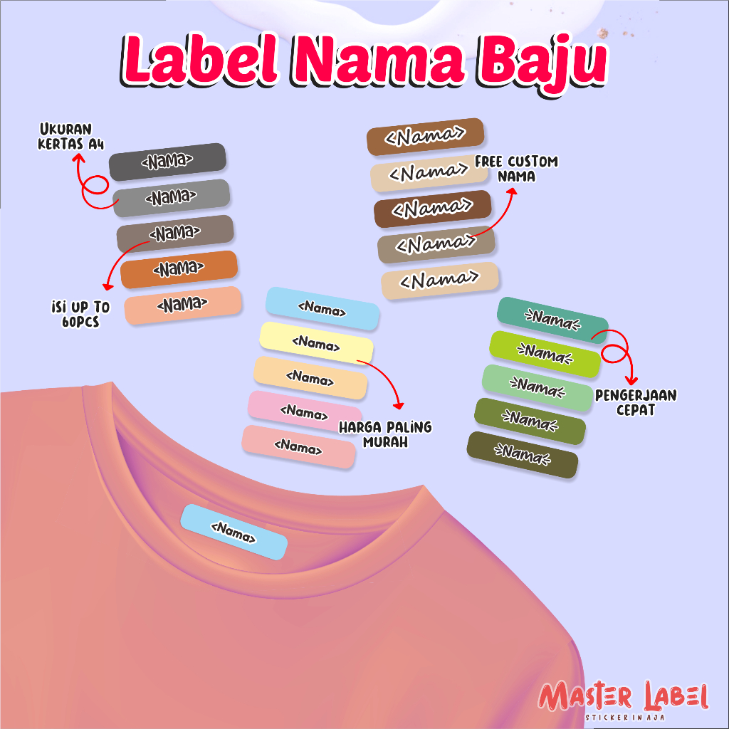 

Stiker Kain Nama custom banyak warna MULTICOLOUR A4 stiker baju stiker setrika sablon baju custom sablon nama custom