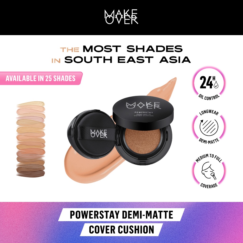MAKE OVER Powerstay Demi-Matte Cover Cushion - Cushion matte high coverage BEST SELLER ringan oil control make up tahan lama 24 jam non-comedogenic Image 2