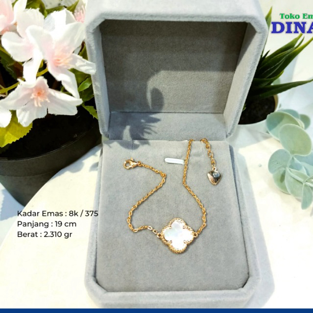 GELANG RANTAI MODEL CLOVER BATU PUTIH SLP -EMAS MUDA -8K/375