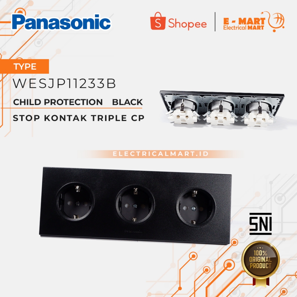 Panasonic Triple Stop Kontak WESJ 11233 Black Matte Hitam 1121 B 3 Gang Colokan CP