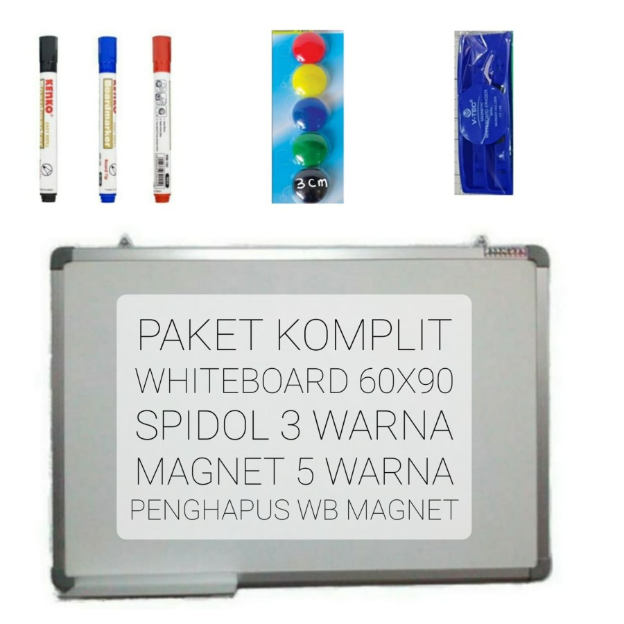 

PAKET KOMPLIT WHITE BOARD 60X90 SPIDOL + MAGNET + PENGHAPUS WHITEBOARD