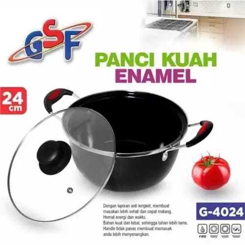Panci Kuah Enamel GSF Anti Lengket Uk 20 22 24 cm Tutup Kaca Panci Kuah Sayur Serbaguna