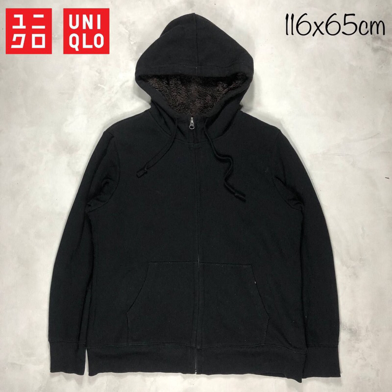 ZIP. HOODIE HITAM PEKAT SHERPA DALAM UNIQLO SECOND