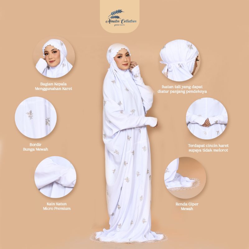 Mukena Terusan Lajuran Putih Motiv Bordir Bunga Mewah Dewasa Terbaru