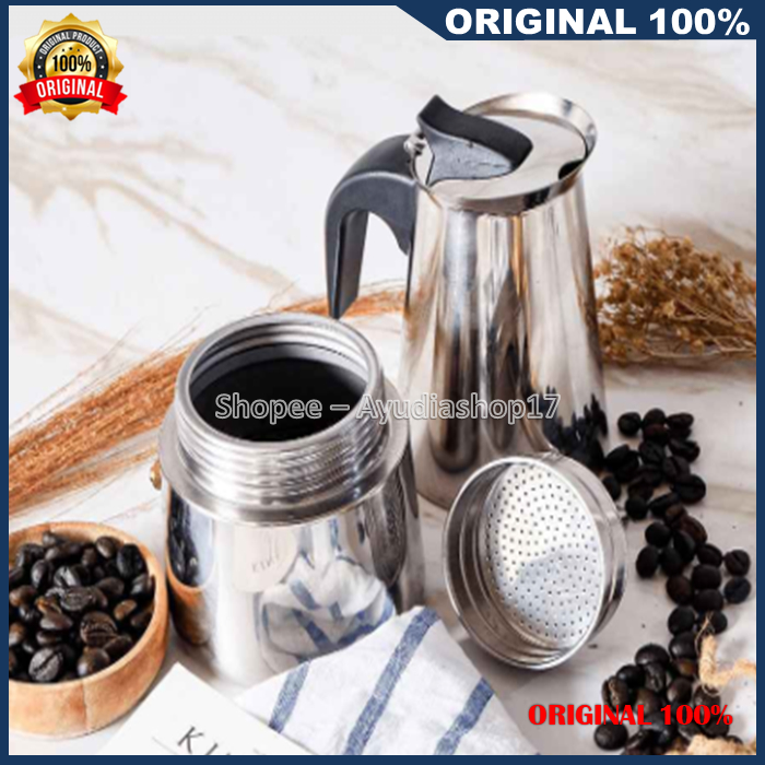 Moka Pot 6 Cup Espresso Maker Stainless 100% ASLI