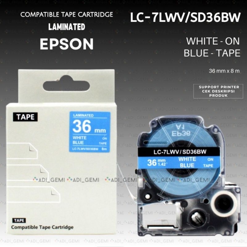 

Compatible TAPE Cartridge EPSON LC-7LWV SD36BW WHITE ON BLUE 36MM X 8M