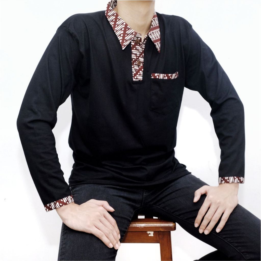 Kaos Krah Polo Batik Pria Lengan Panjang Wrna Hitam Premium Sari
