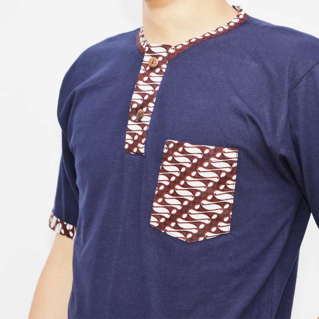 Baju Koko Variasi Batik Lengan Pendek Pria Warna Biru Donker Navy Premium Sari