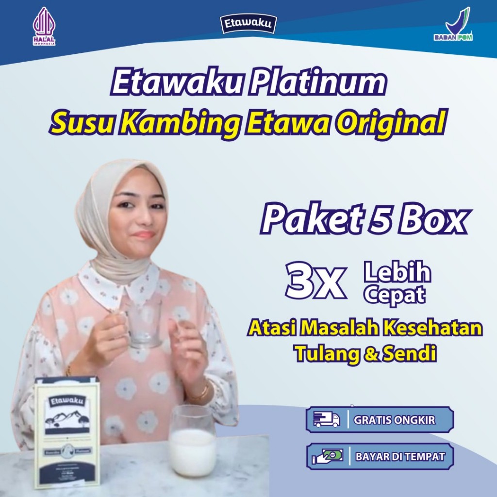 

Paket Sehat 5 Box Etawaku Platinum Atasi Nyeri Sendi Asam Urat Tulang Keropos Osteoporosis Saraf Kejepit Nyeri Lutut Susu Kambing Etawa Asli Tinggi Kalsium & Kalium Bantu Jaga Kepadatan Tulang dan Sendi Susu Kambing Original Rendah Gula