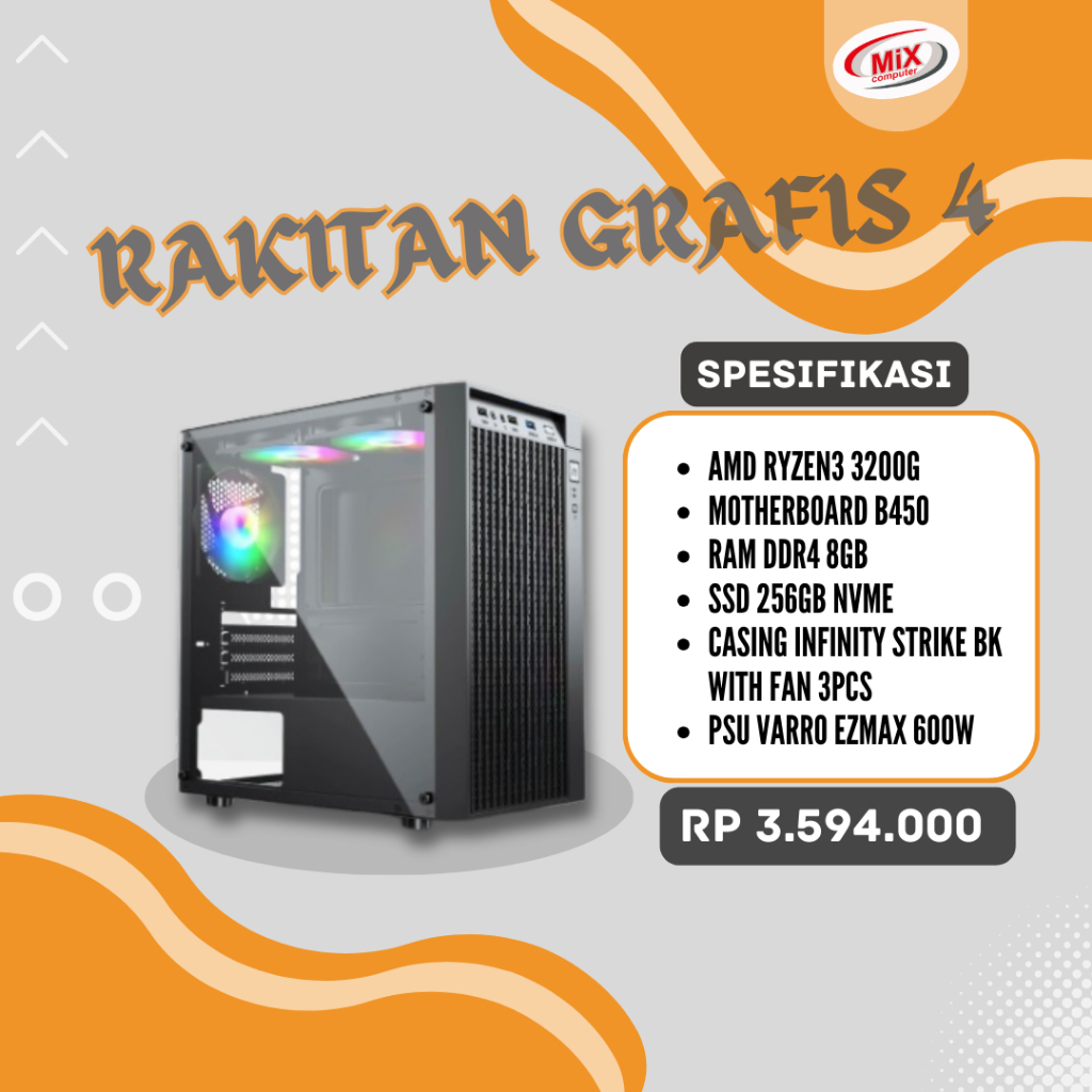 Paket PC Desain Komputer Rakitan 1 set Lengkap - AMD Ryzen3 3200G SSD 256GB NVME Ram 8GB , Tanpa Mon