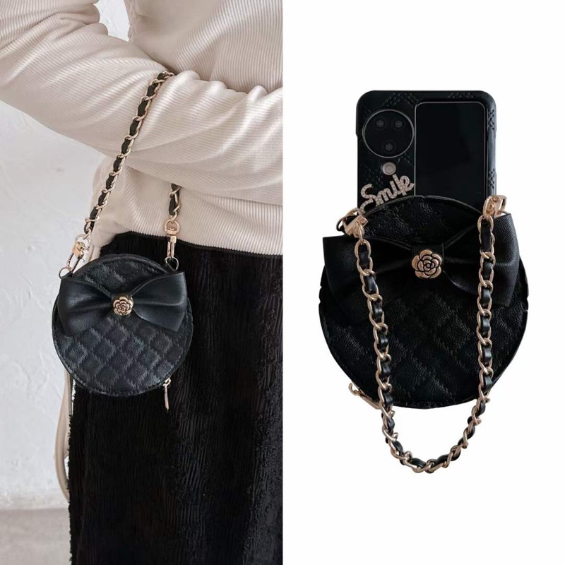 Phone Case Black Big Bag Pouch Tas Leather Kulit Flower Pita Rantai Emas Gold With Chain and Bag Opp