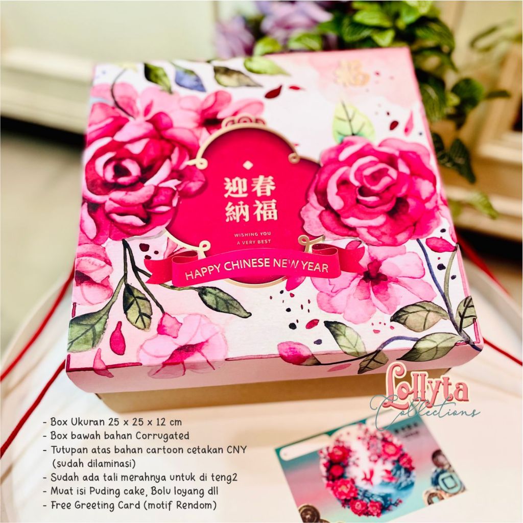 

Box Kue uk. 25 x 25 x 12 cm Tema CNY / Imlek Flower Pink