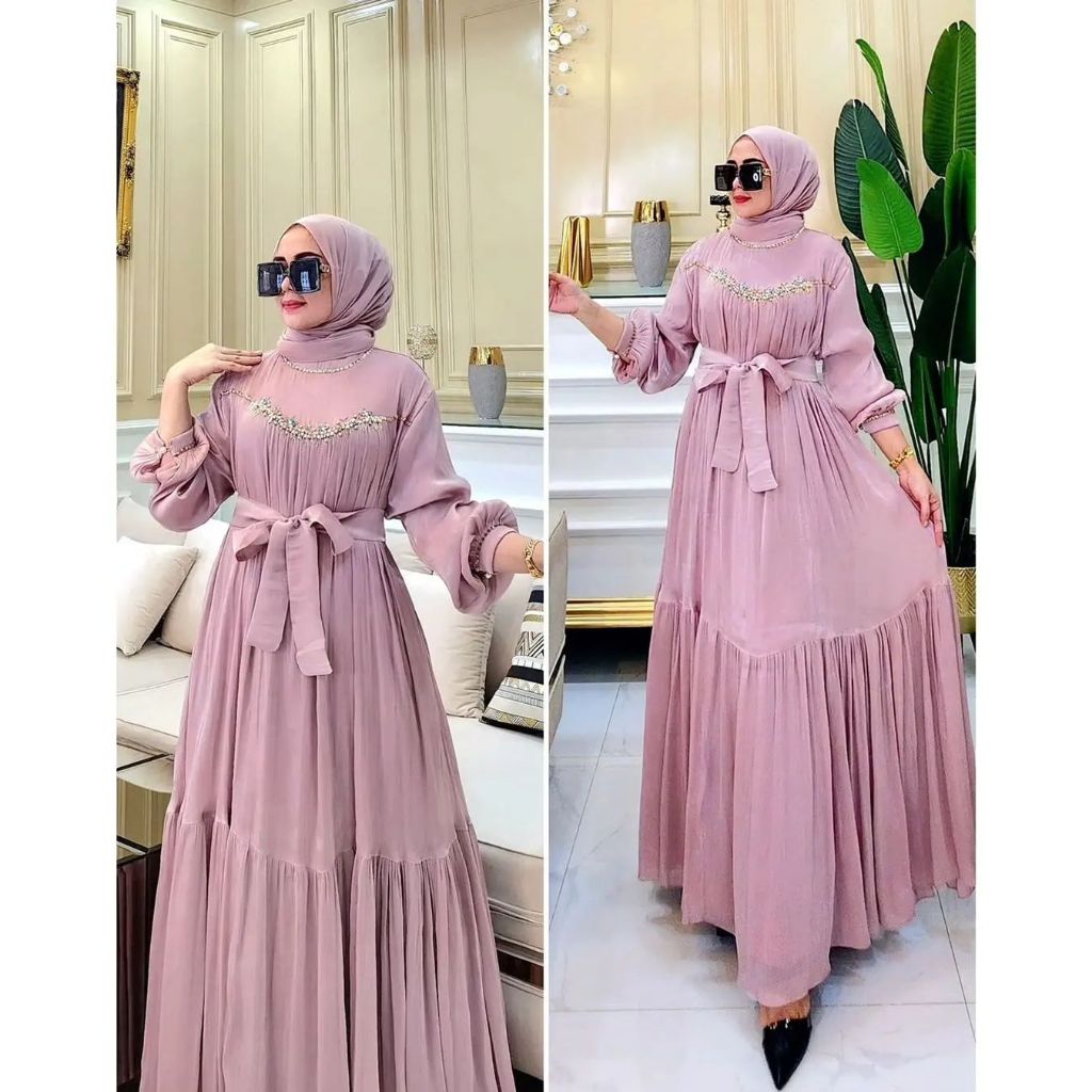 Sonnya Dress Gamis Simple dan Elegan Mewah Dress Wanita Gamis Ceruty Payet Model Baru 2023 Kekinian