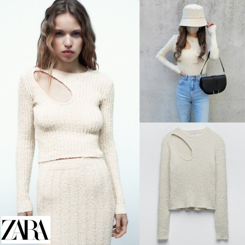 [ZARA] Knit Chenille Sweater Top Crop Front Shoulder Cut Out Detail Fur Textured Ecru Ivory / Atasan