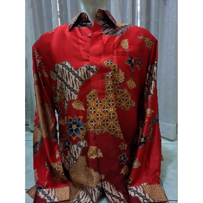 kemeja batik pria lengan panjang merah coklat