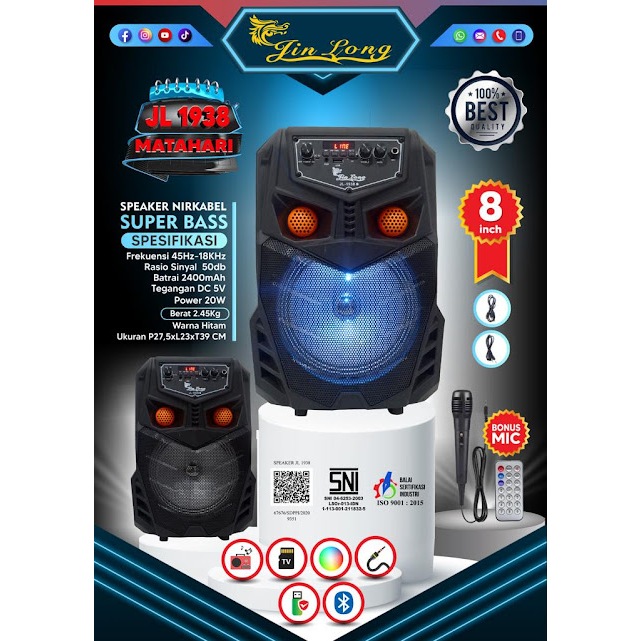 Speaker Portable JINLONG JL-1938 MATAHARI 8 Inch + Mic Kabel Karaoke
