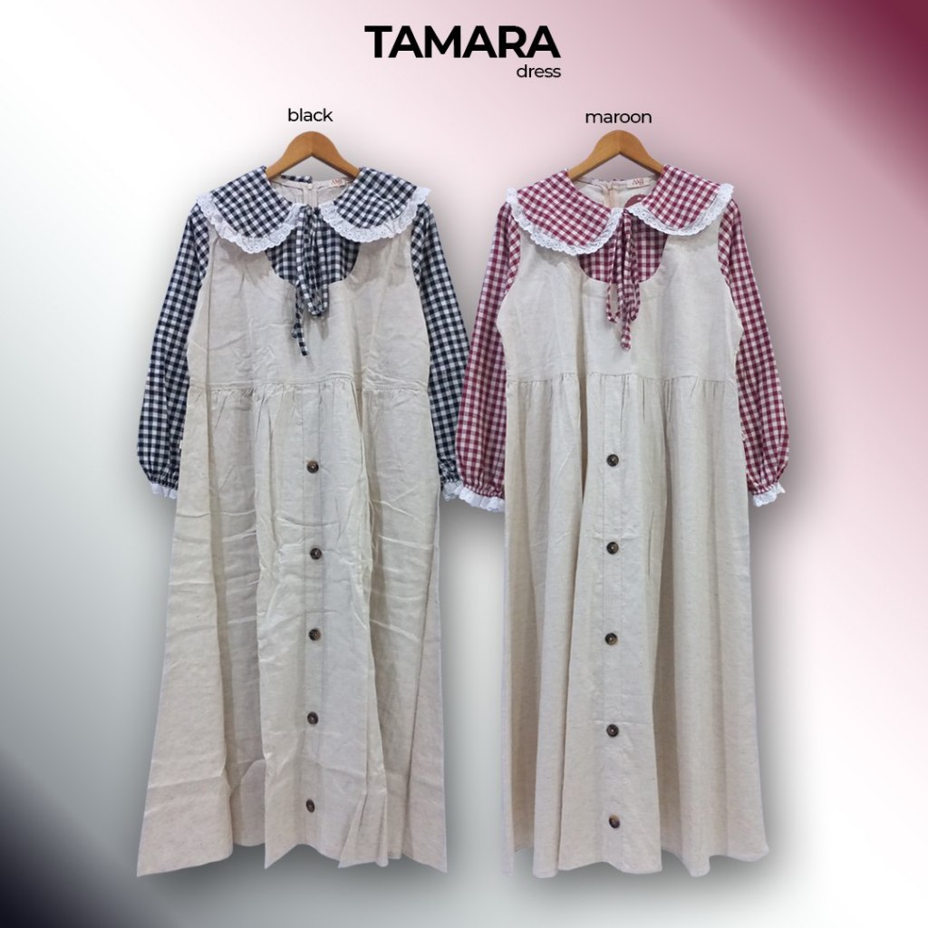 Gamis Dress Muslim Berkerah  Motif Kotak Polos / Gamis Katun Linen / Midi Dress Tamara by Ami