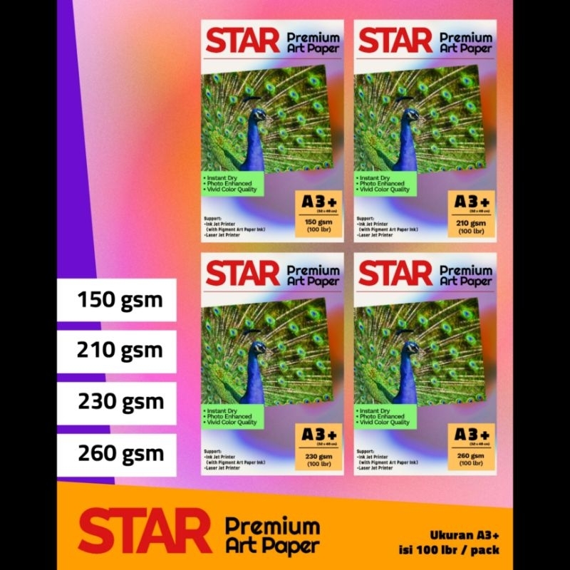 100 LEMBAR | Kertas Art Paper 230 gsm ukuran A3+ (A3 Plus) label STAR | per pack