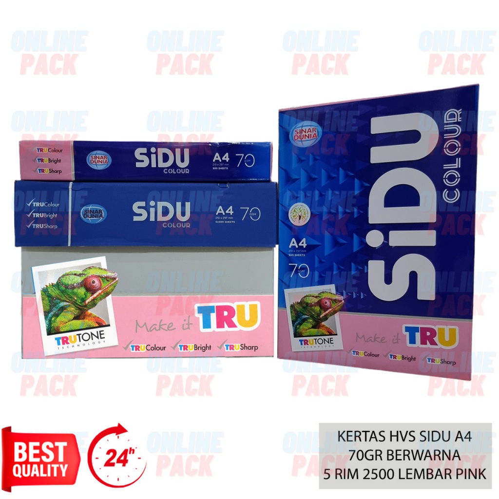 

KERTAS HVS SIDU A4 70GR BERWARNA PINK 70 GSM GRAM 1 KARTON BOX 5 RIM 2500 LEMBAR MERAH MUDA ROSE COLOUR TRU CERAH TAJAM COPY LASER FAX INKJET
