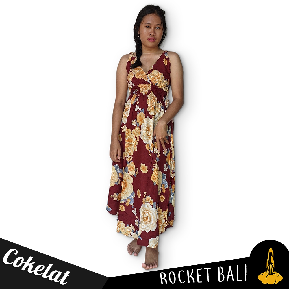 Long Dress Tanpa Lengan Motif Bunga - Dress Bali Mouza Singlet