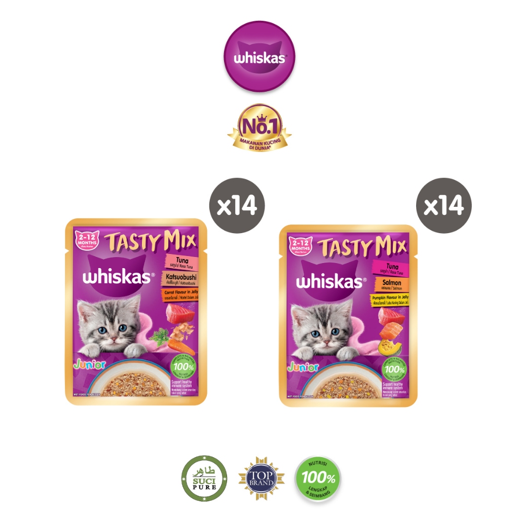 Whiskas Tasty Mix Jelly Makanan Kucing Basah Pouch Junior 70 gr - Isi 14