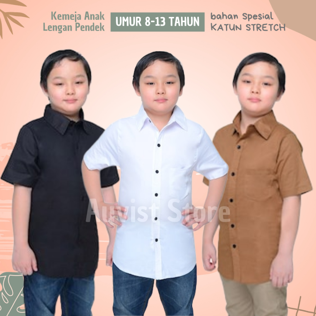 Baju Kemeja Anak Laki Laki Lengan Pendek Polos Usia 8 9 10 11 12 13 Tahun Bahan Katun Stretch Premiu