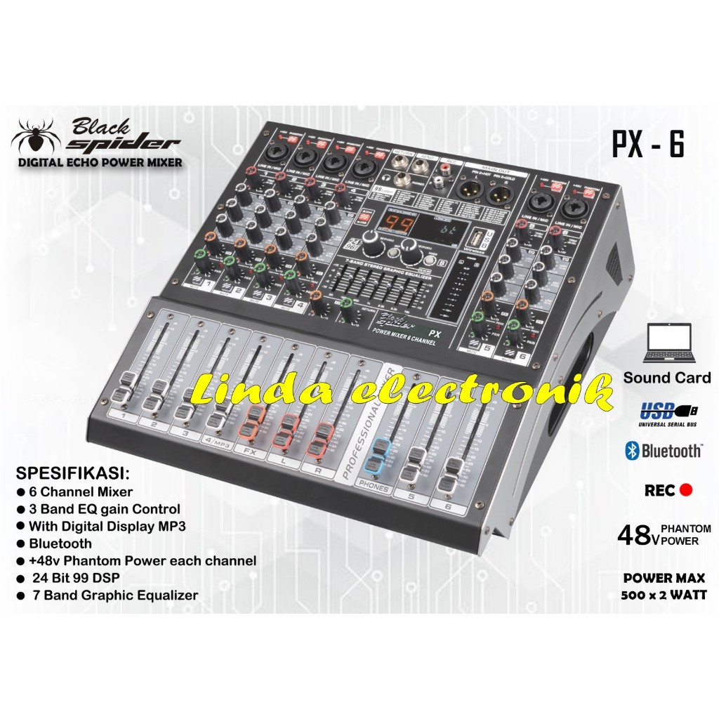 power mixer black spider px6 / px 6 1000 watt 6 channel original