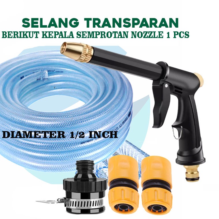 1 SET LENGKAP SEMPROTAN AIR CUCI MOTOR - SELANG AIR CUCI MOTOR SERAT BENING DIAMETER 1/2 INCH - KEPA